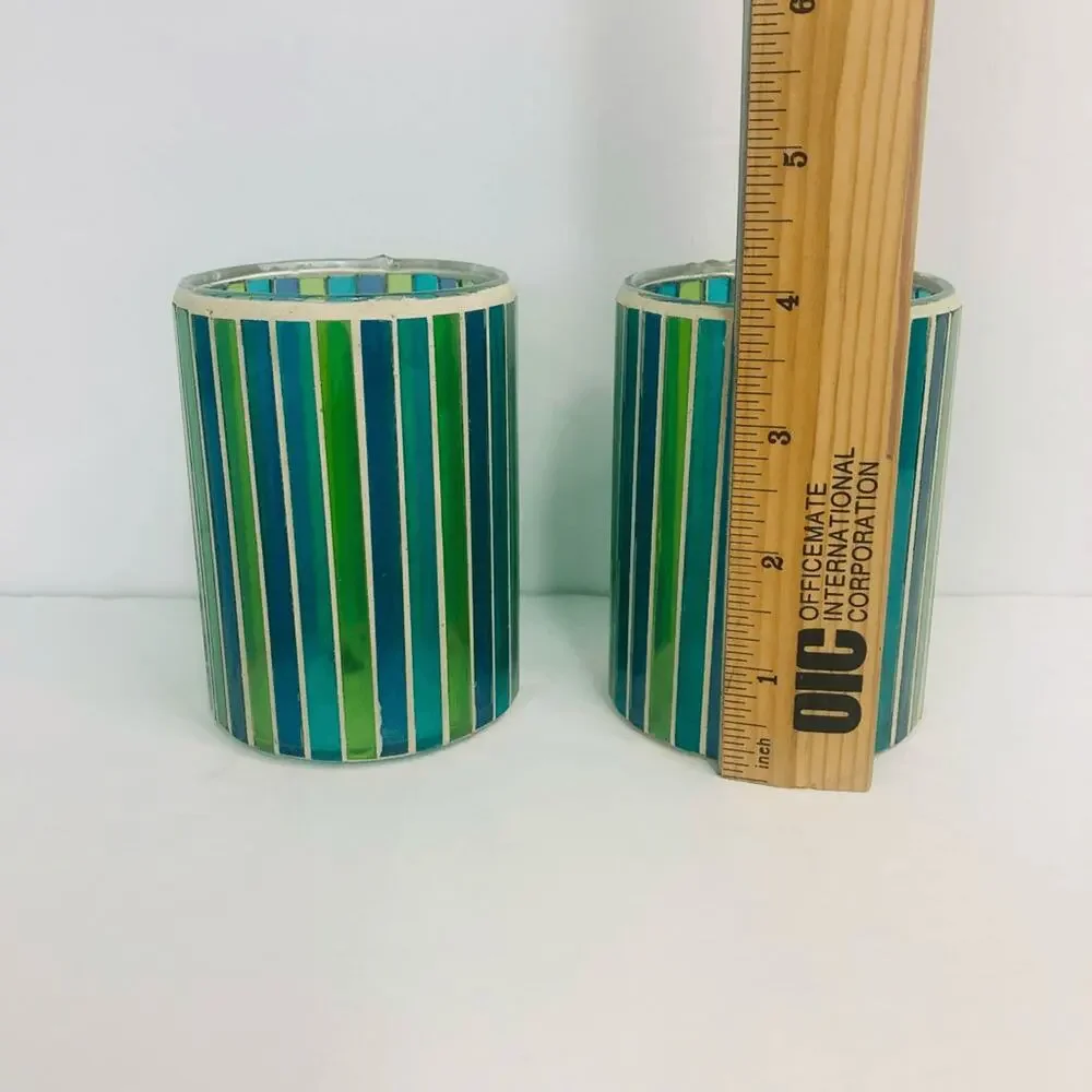 vintage y2k mosaic stripe‎ candle votives tag aqua blue green 3.75”x2 7/8”